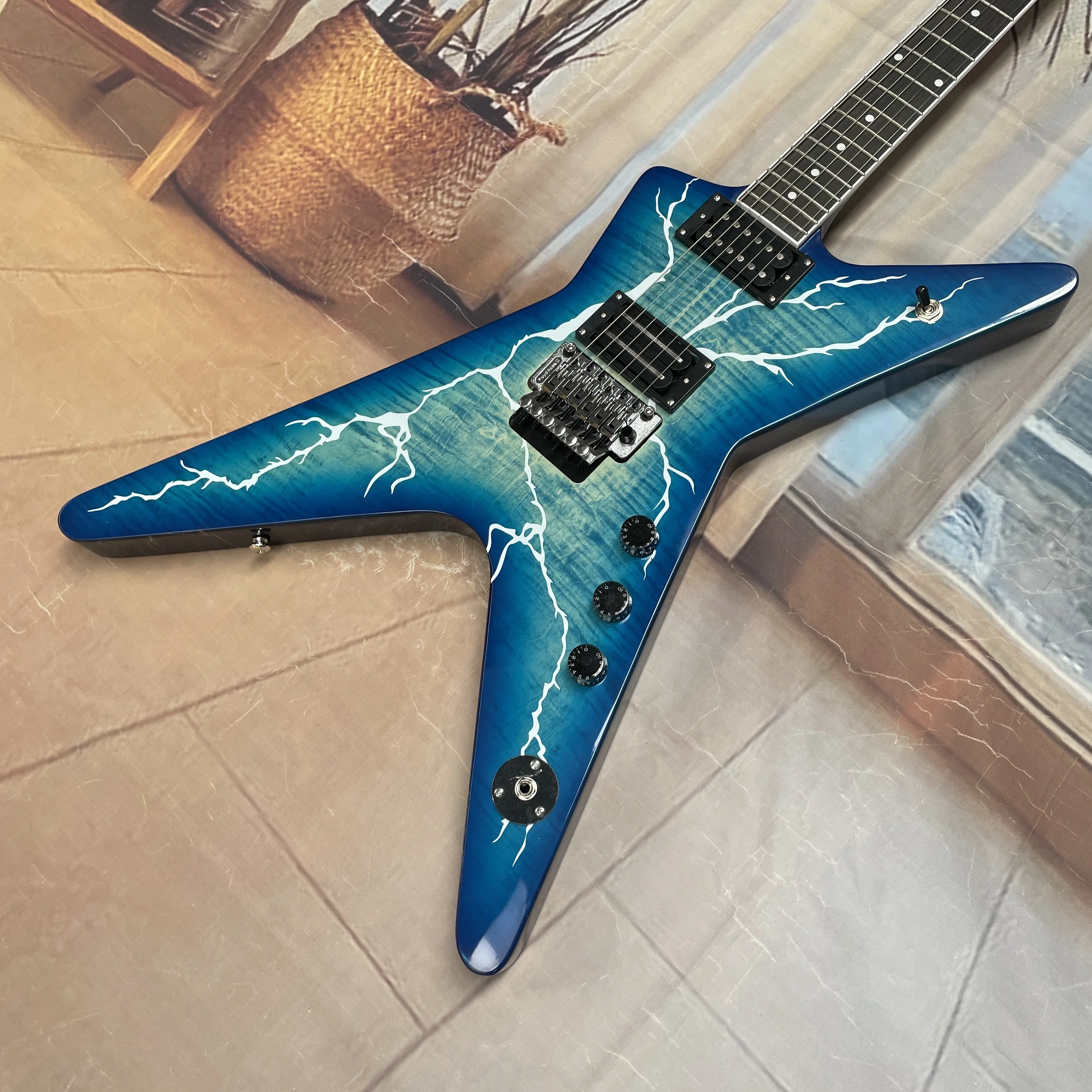 

blue tiger print electric guitar,double-locking tremolo system stable tuning full output guitar,heavy metal performance guitarra