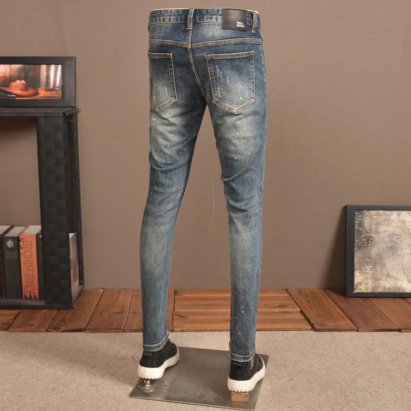 Fashion Streetwear Men Jeans Retro Blue Stretch Skinny Fit Ripped Jeans Men Patched Designer Vintage Casual Denim Pants Hombre
