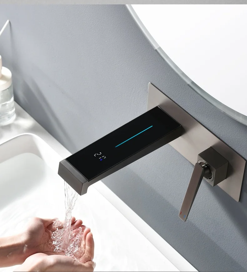 

Bathroom Basin Faucet Grey Sink Mixer Wall Mounted LED Bathroom Sink Faucets Hot And Cold Single Lever Concealed Basin Tap