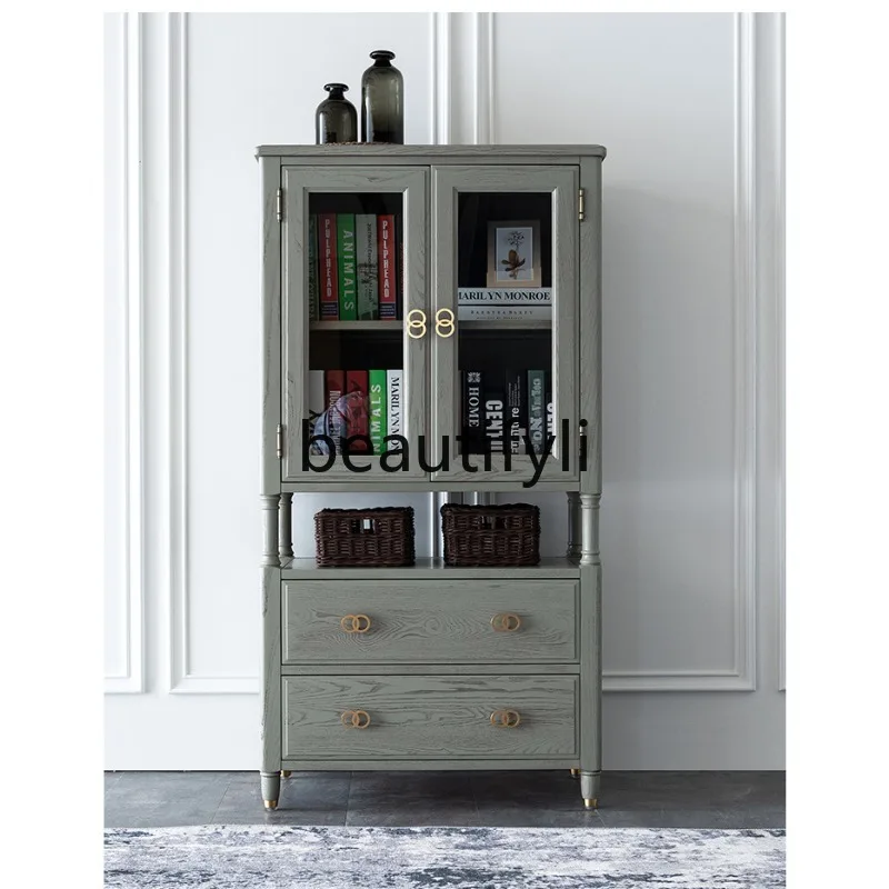 

American Style Solid Wood Double Door Wine Cabinet Storage Organizer Living Room Combination Gray Glass High and Low Cabinet