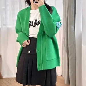 

Women Green Cardigan Beading Letter Embroidery Single Breasted Long Sleeve V-Neck Loose Spring 2024 Coat