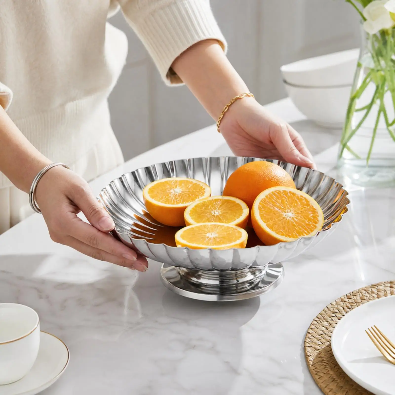 Elevated Stainless Steel Fruit Tray Large Round Pedestal Bowl Polished Surface for Entertaining and Daily Use