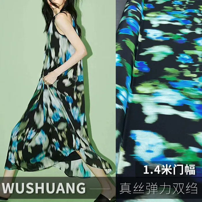 Blue & Green Floral Print Silk Stretch Crepe De Chine Fabric Mulberry Silk Material For Dresses 140cm Wide Blouse