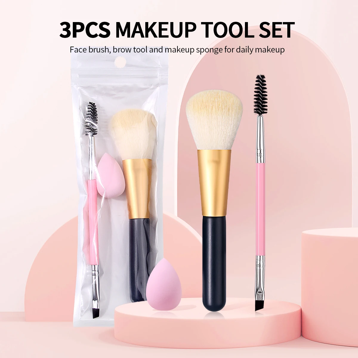 3Pcs Makeup Tool Set,Face Brush,Dual-ended Brow Brush and Soft Makeup Sponge,Portable Cosmetic Kit fo Daily Makeup&Travel Makeup