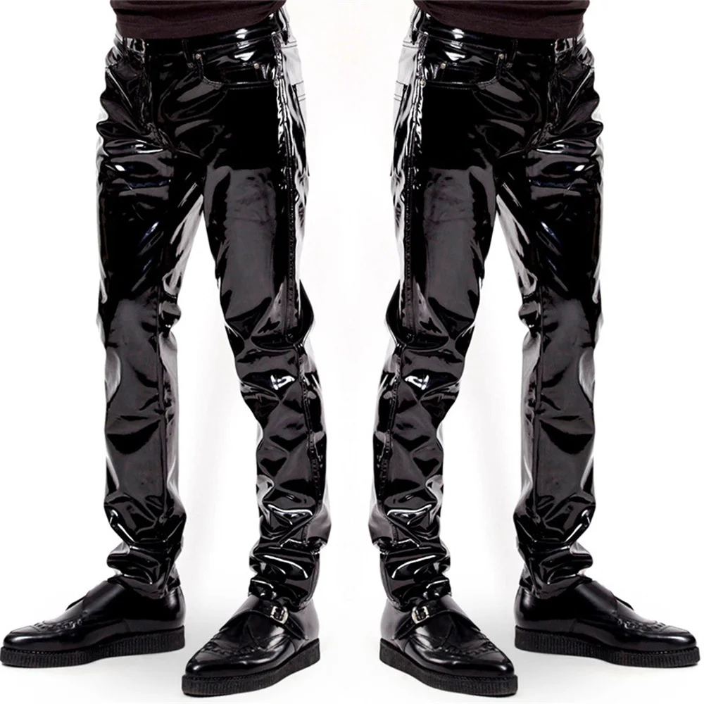 Pantalon en cuir pour hommes, pantalon en Faux cuir PVC brillant, équipement de motard, imperméable, noir