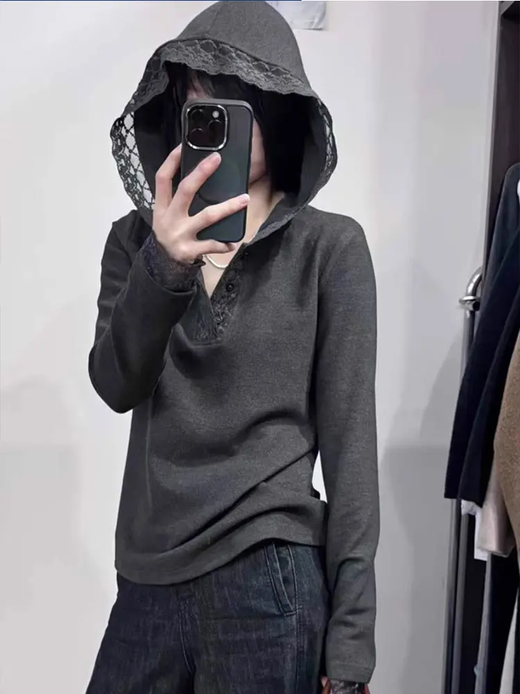 

Spring 2026 Women's Casual Loose Fit Long Sve Floral Trim Splice Hat Sweatirt Faionable Agel Slimming Inner Wear