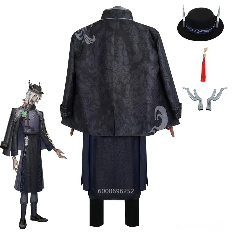 Identidade V Sr. Fã cosplay traje com peruca fã wujiu qilin comerciante wu chang uniforme qilin do leste relógio para o dia das bruxas