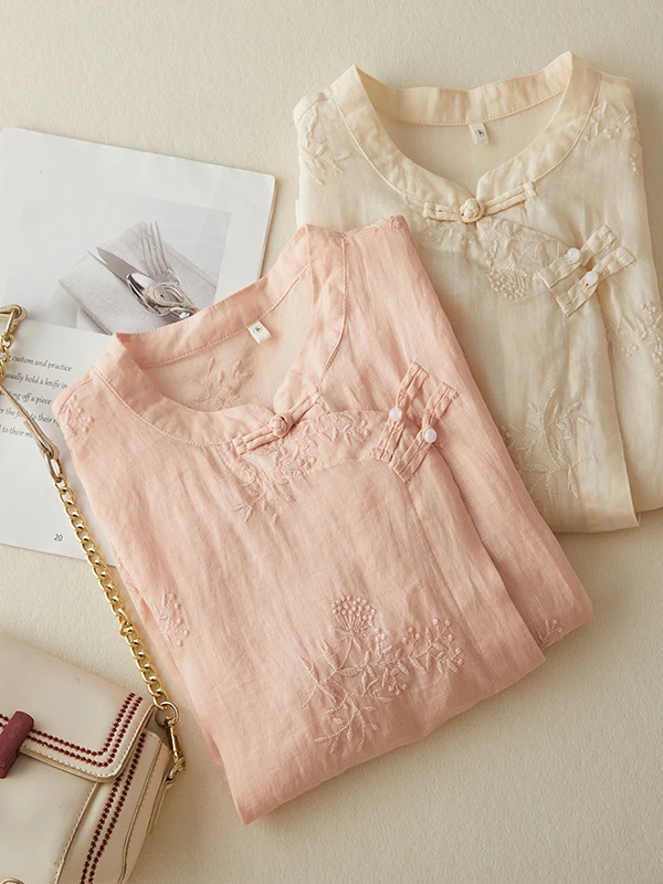 Retro pesado bordado lino ort Sve irt mujer nueva tendencia nacional china Sle botón de solapa oblicua algodón lino té...