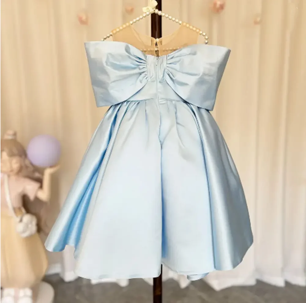 

Customized Sky Blue Flower Girl Dresses For Wedding Satin With Bow Pearls Princess Birthday Party First Communion Pageant Gown