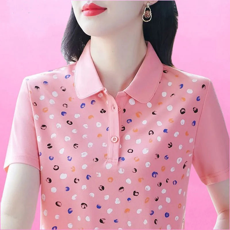 Fashion Lapel Short Sleeve Printed Polka Dot Polo Shirts Women's Clothing Summer New Loose Casual Tops Commuter Tee Shirt