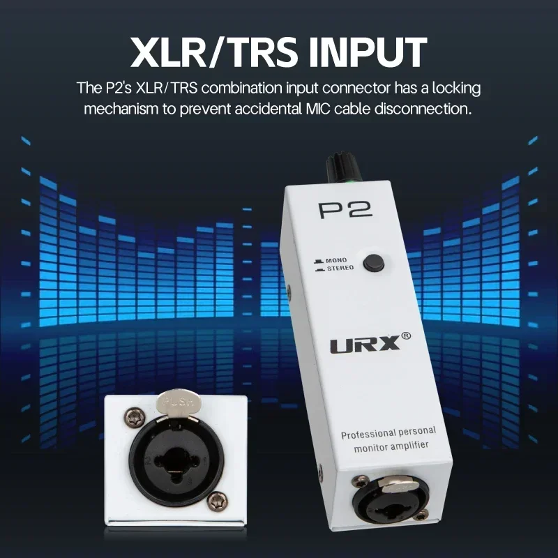 URXs P2 ultra compact active battery portable metal personal monitoring Headphone amplifier with XLR/TRS input 3.5mm output view 3