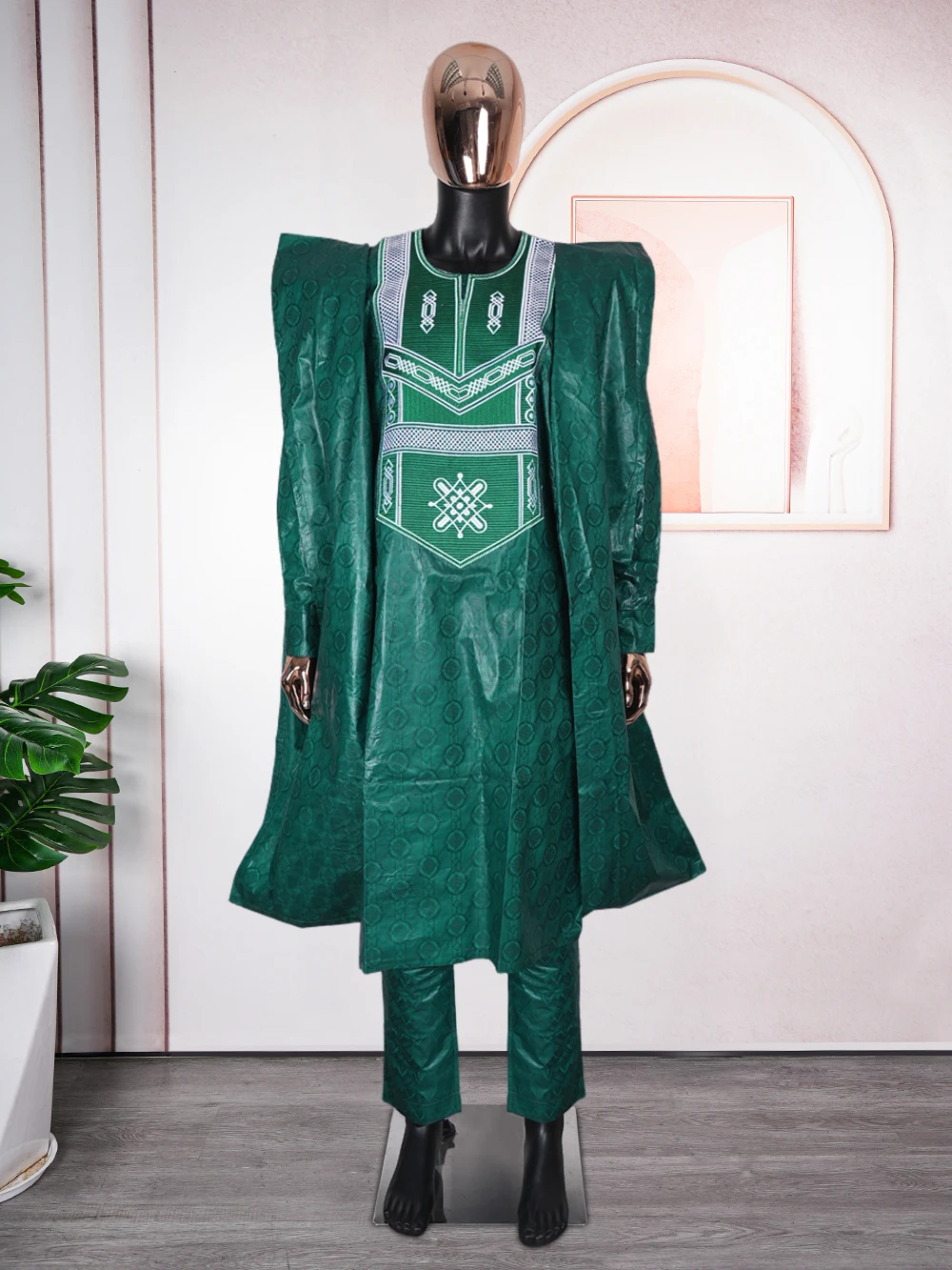 H&D South African Traditional Wear Formal Attire Bazin Riche Dashiki Outfits Green Shirt Pants Robe Suit Agbada Ramadan 2024