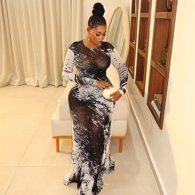 Sister Star Women Dress Printed Elegant Straight Bodycon Dress Fashion Color Block Round Neck Long Sleeve Dress Outfit Vestidos