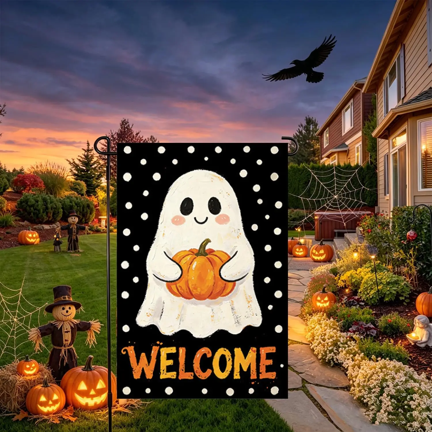 Halloween Welcome Garden Flag Cute Ghost Pumpkin Garden Banner with White Polka Dot Design Reusable Garden Flags for Hallowe aaz