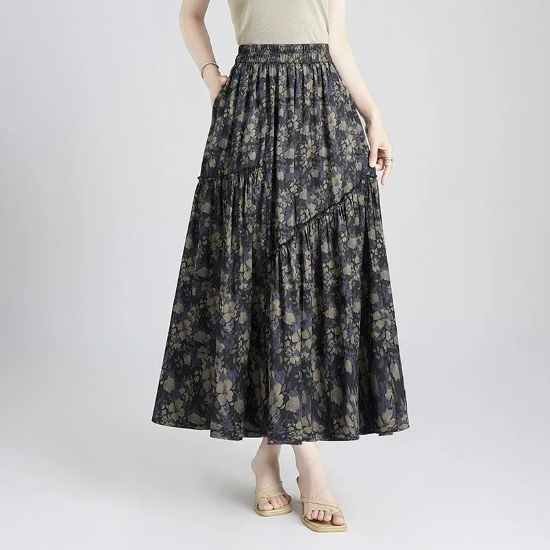 Women Chic Elastic High Waist Print Patchwork Big Swing Long Pleated Skirt Summer Thin Vintage Elegant Loose Maxi Skirts 2989