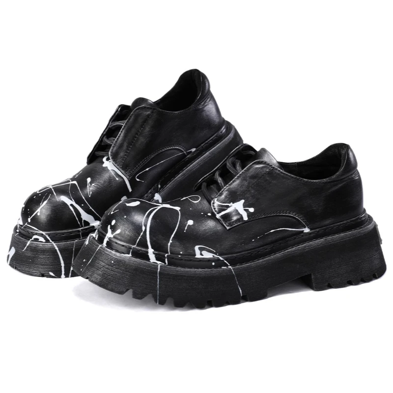 

British Hand Drawn Graffiti Derby Shoes for Men's Genuine Leather Casual Lightweight Thick Bottom Height Increasing Shoes Male