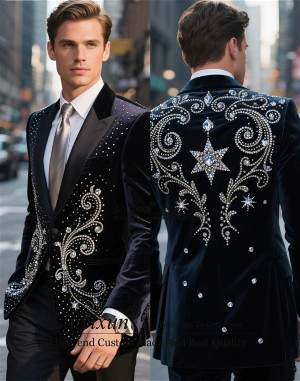 

Elegant Velvet Men Suits 2 Piece Sets Wedding Groom Tuxedo High End Jewel Beaded Male Prom Blazers Customized Slim Costume Homme