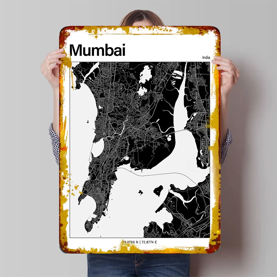 Mumbai India City Map Metal Wall Art Modern Minimalist Home Decor Urban Landscape Iron Painting