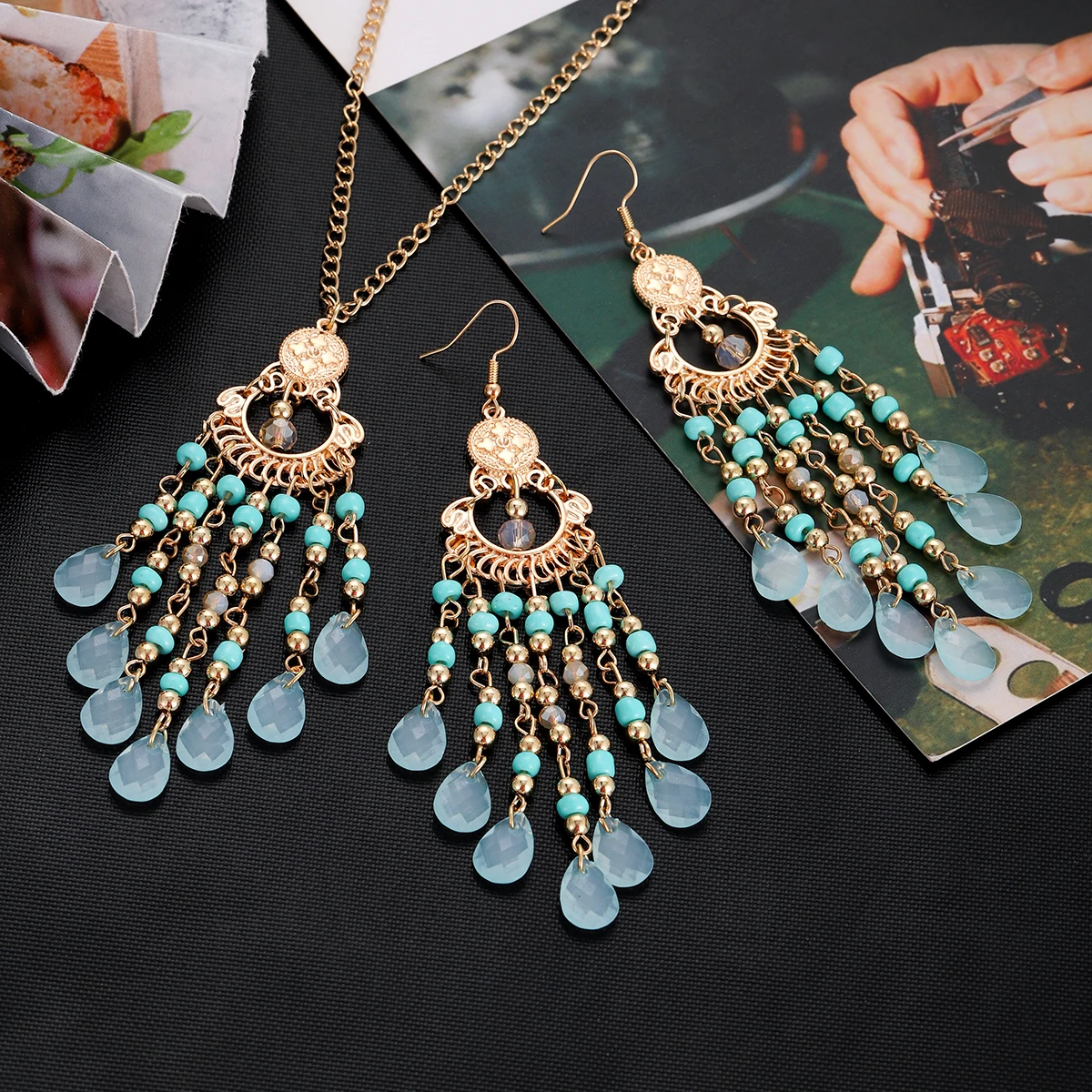 Bohemian Multicolor Crystal Long Tassel Dangle Earrings Necklace for Women Hangers Retro Gold Plated Geometric Wedding Jewelry