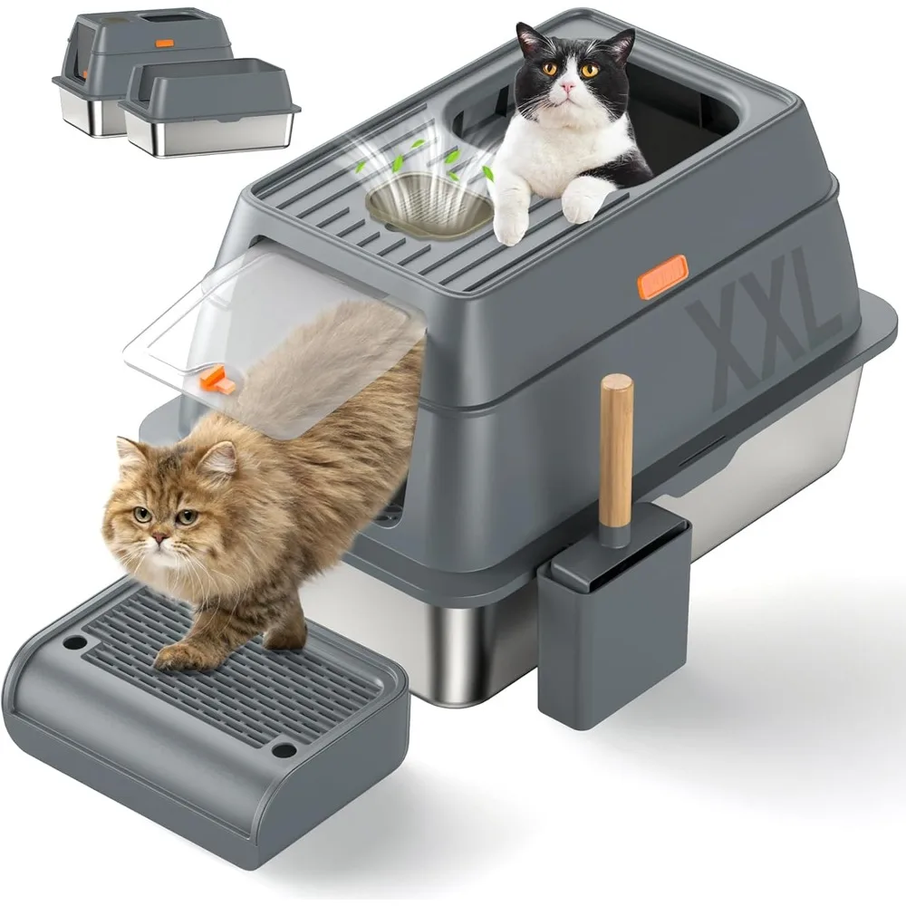 

Enclosed Litter Box for Cats, Removable High Sided, Odor Free, Anti-Leakage, Included Spoon & Pedal, Stainless Steel Litter Box