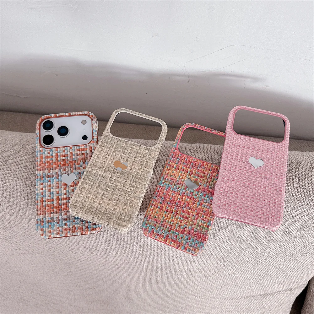 

Chic Girly Classic Silver Metal Heart Phone Case for 17 Pro Max Boho Tweed Texture Protective Cover for iPhone 16 15 14 13 Pro