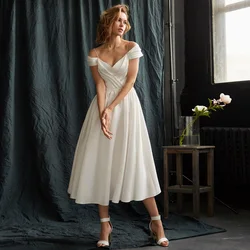 Short Wedding Dress White Off Shoulder V Neck Backless Midi Wedding Gown for Women Tea Length A Line Simple Bridal Dresses 2023