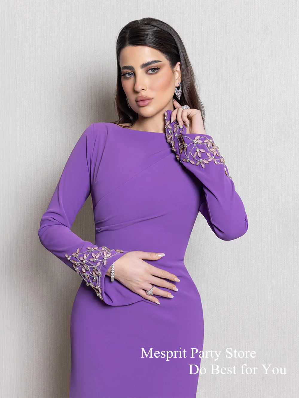 New Arrival 2024 Prom Dress Boat Neck Long Sleeve Crystal Beading Ankle Length Lavender Mermaid Evening Gown Formal Dresses