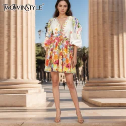 TWOTWINSTYLE Casual Colorblock Printing Dress For Women V Neck Puff Sleeve Tunic Spliced Pocket Chic Dresses Female KDR509136