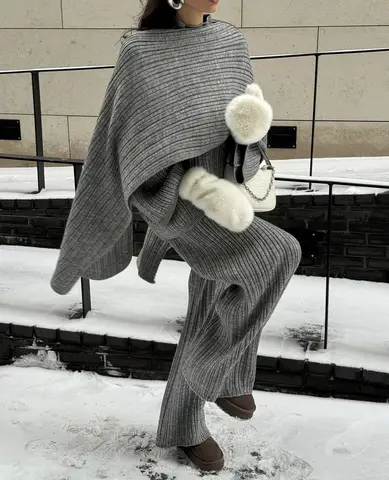 Hirsionsan Mjuka Eleganta Vintage Damkostymer 3 Delade Damset O-ringad Tröja & Vilda Benbyxor med Halsduk Stickad Träningsdräkt 6 best sales 3-delad träningsoverall - №2