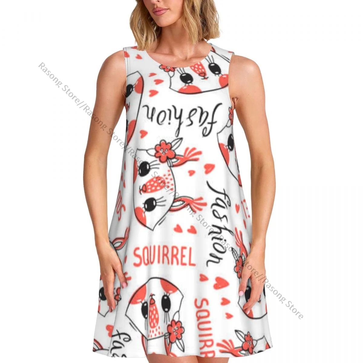 Women's Dress Cute Squirrel Face With Barrettes Flowers Summer Casual T Shirt Beach Cover up Tank Dress