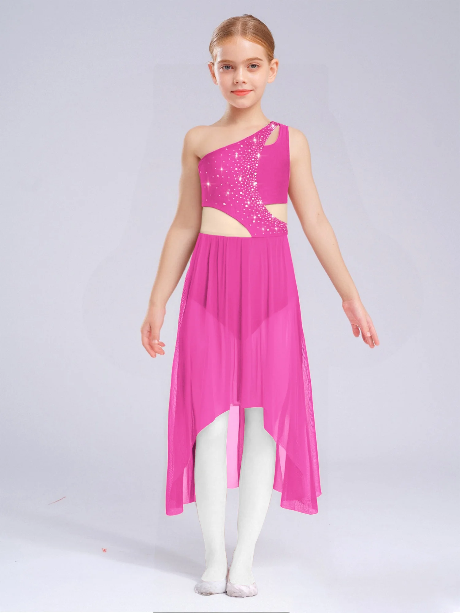 여자 스케이트 드레스 민소매 하이 로우 흐르는 메쉬 볼룸 발레 드레스 키즈 서정적 댄스 의상 반짝 이는 라인 석 댄스웨어