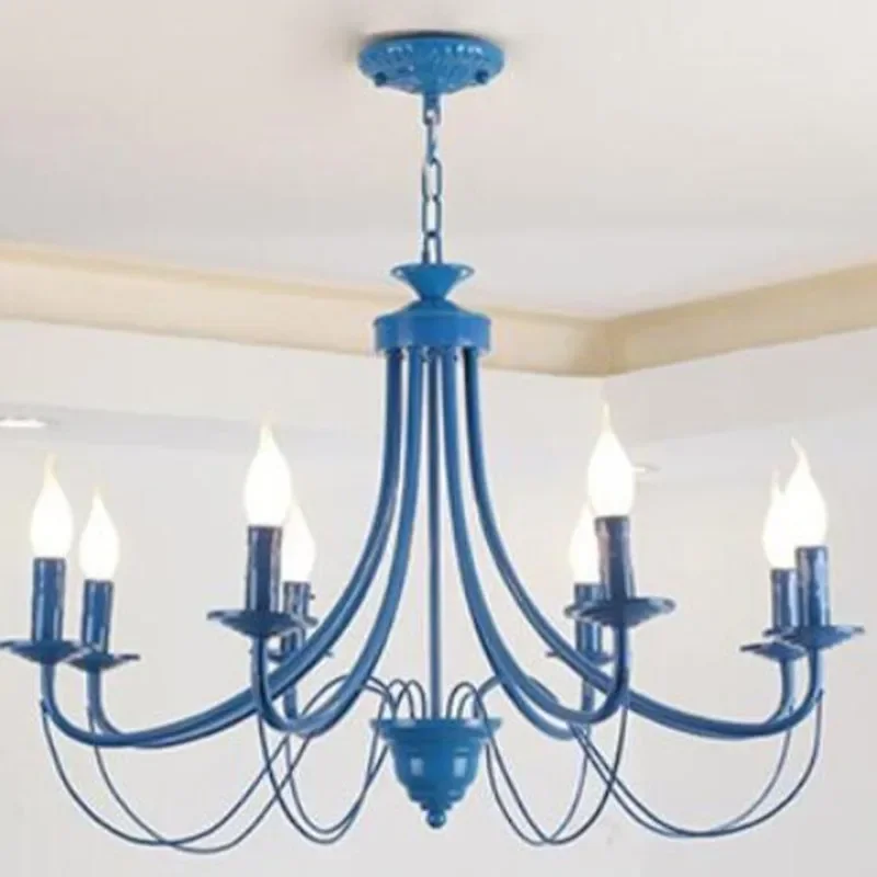 Europäischer amerikanischer moderner LED-Kronleuchter aus Eisen, hellblau, weiß, schwarz, 5, 6, 8 Lichter, dekorative Foyer-Living-Esszimmer-Kronleuchterlampe