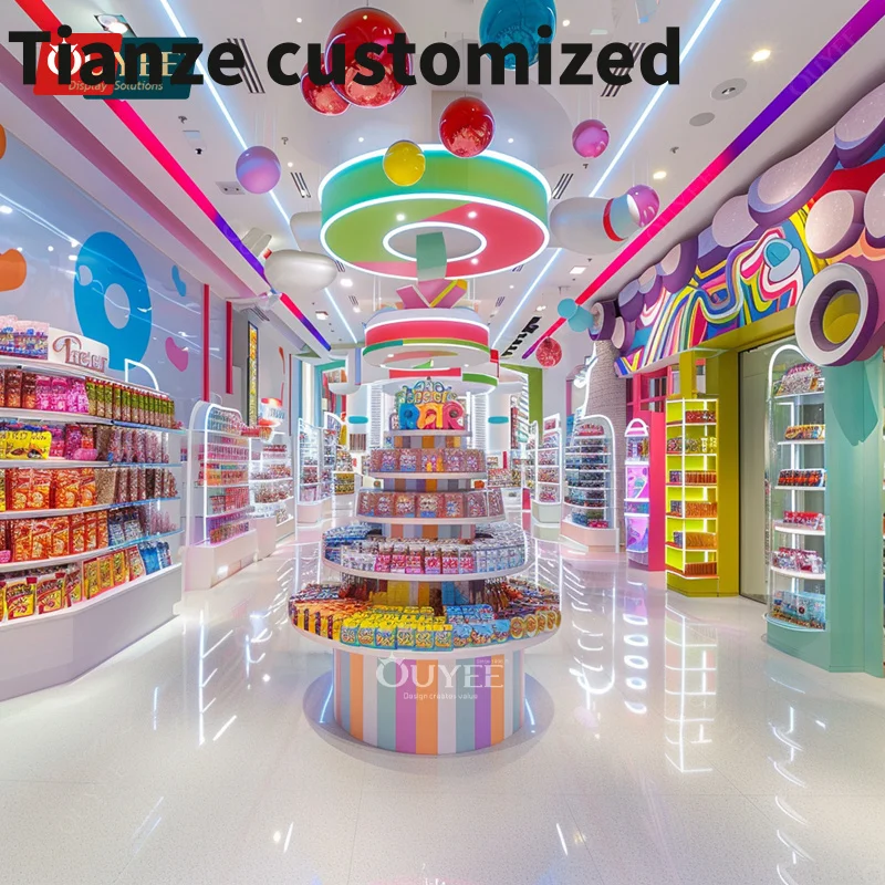 

Customized-Candy Decor Shop Commercial Furniture Round Island Candy Showcase Wall Candy Display Shelf