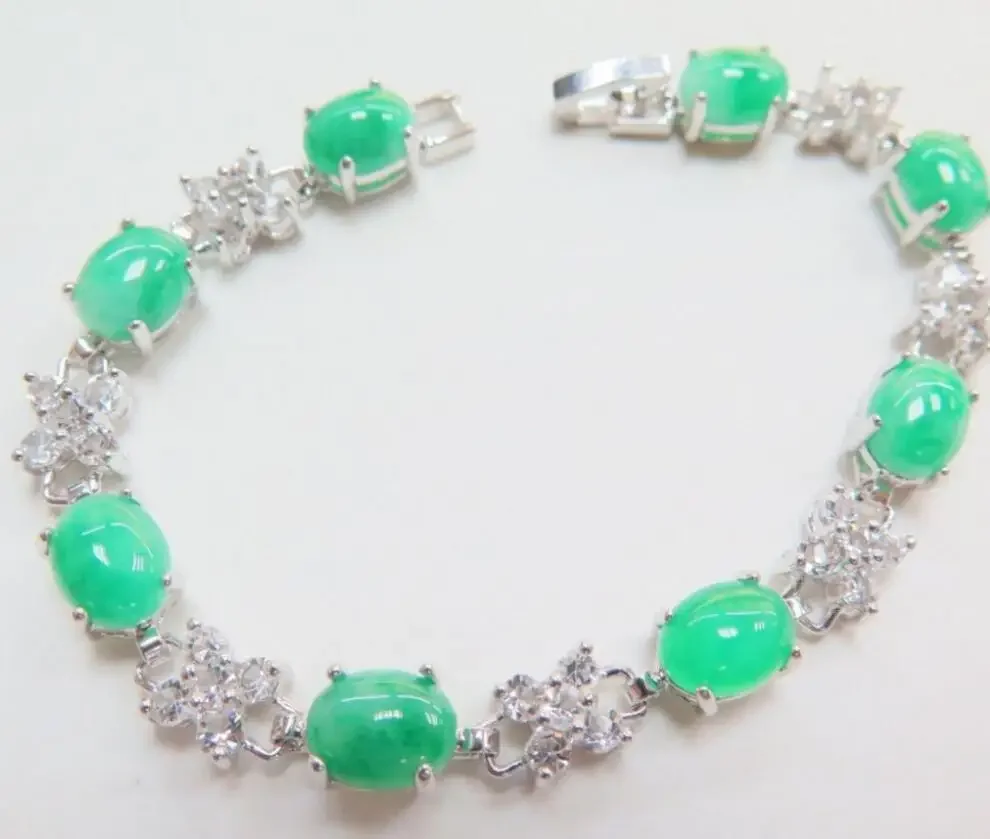 

new hot New White Alloy & Green Jade Jadeite Bead With Flower Women's Bracelet 7.3"