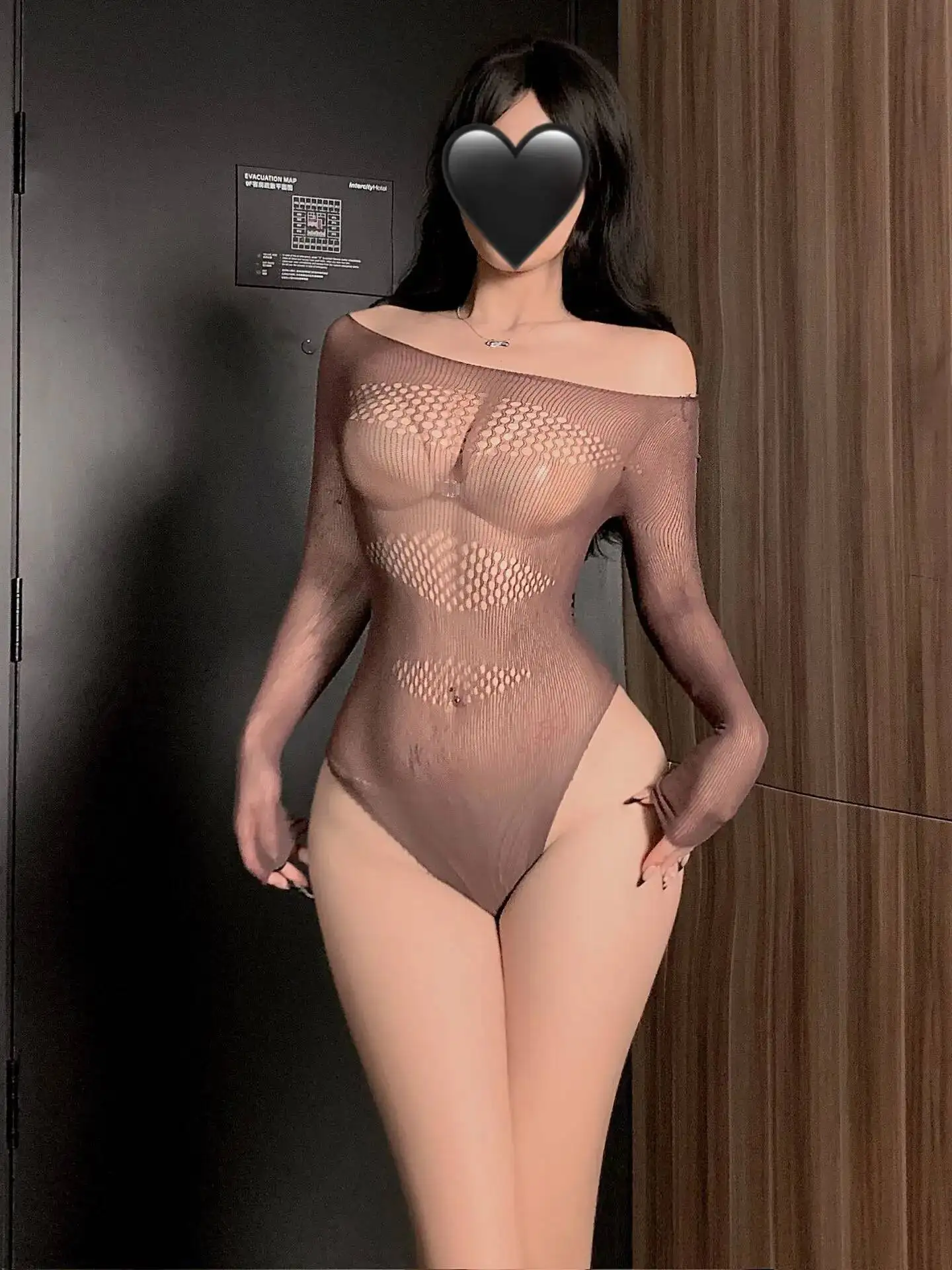 Sexy oco para fora malha bodysuits puro desejo estilo peito glamour uniforme bodysuits fora do ombro transparente manga comprida 4grq