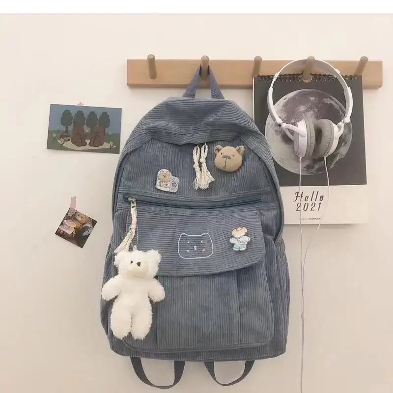 Mochila escolar de pana suave con cremallera para mujer, mochila Harajuku de terciopelo a rayas versátil para estudiantes universitarios