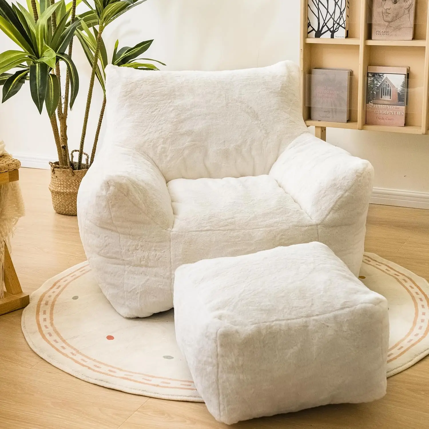Ultra Soft Fluffy Faux Fur Bean Bag Chair with Ottoman and Armrest, Plush Lazy Sofa for Living Room or Dorm