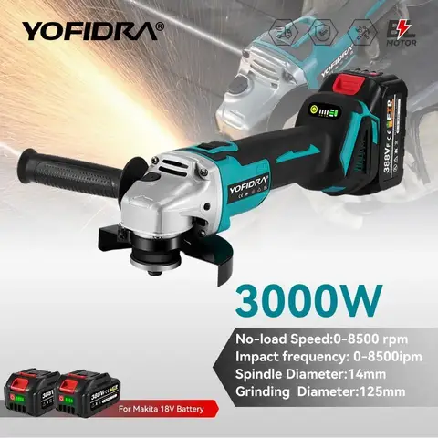 YOFIDRA 125mm 브러시리스 앵글 그라인더 4단 무선 그라인딩 머신 목공용 전동 공구 (마키타 18V 배터리 핀용)