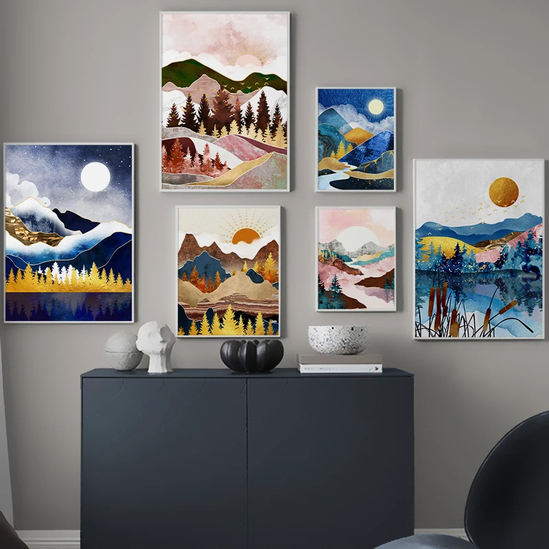 

Nordic Geometric Landscape Canvas Painting Midnight Winter Art Print Lake Poster Wall Art Picture for Living Room Home Decor