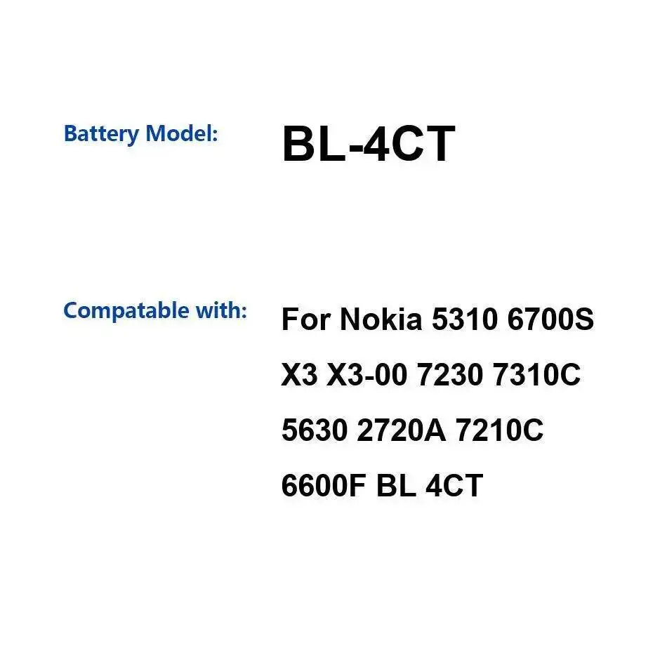 

Аккумулятор мобильного телефона BL-4CT 860 мАч для Nokia 5310 6700S X3 X3-00 7230 7310C 5630 2720A 7210C 6600F