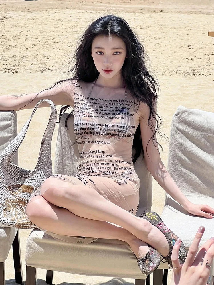 섹시하고 매혹적인 여성용 레터 프린트 시스루 스커트, 폴리에스터 혼방 여름 패션 스커트