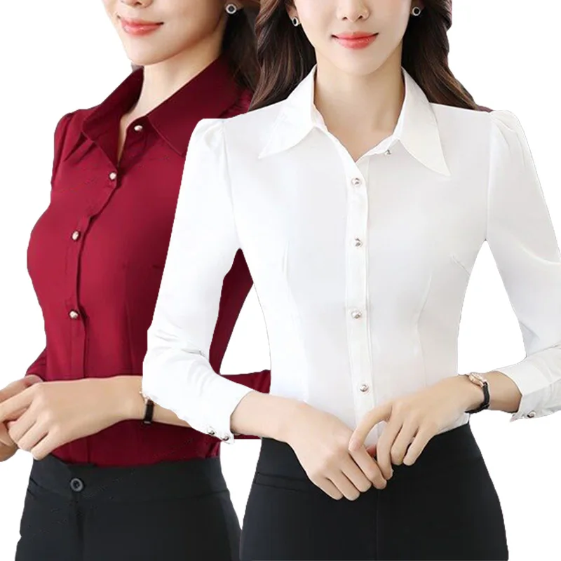 Women Shirt Slim Fit Lady Shirt Long Sleeve Formal Shirt Casual Work Wear Solid Color Turndown Collar Shirt Buttons Blouse Top