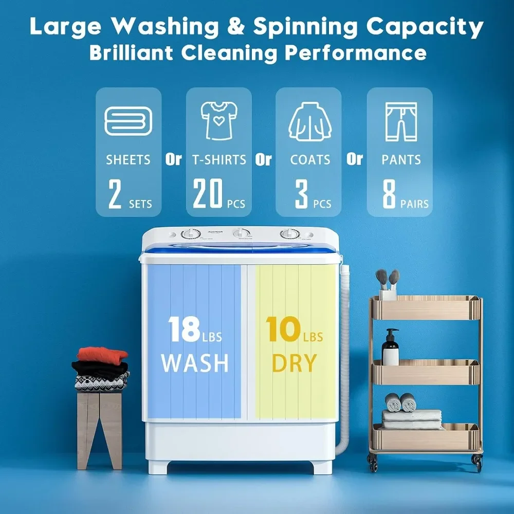 Portable Washing Machine, 28lbs Mini Twin Tub Washer Compact Laundry Machine, Time Control, Semi-automatic for Dorms, Apartments