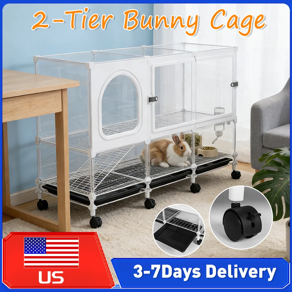 

Металлическая двухъярусная клетка-вилла для кроликов с выдвижным поддоном и колесиками для морских свинок, шиншилл, белок, с туалетом и подстилкой для лап