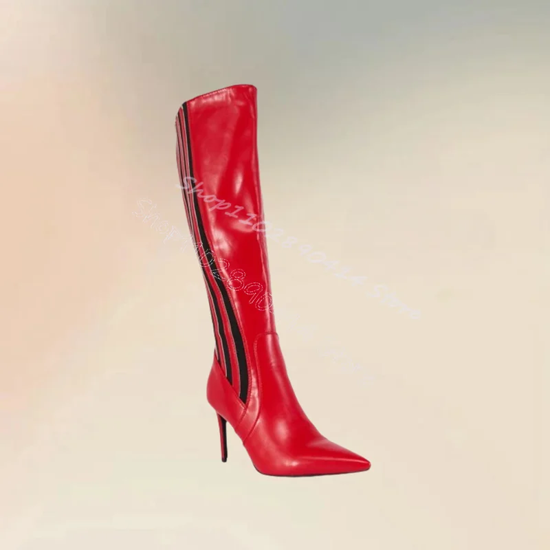 Botas puntiagudas rojas con diseño de rayas negras Para mujer, Zapatos de tacón alto fino sin cordones, novedosos, Para fiesta y oficina, 2024