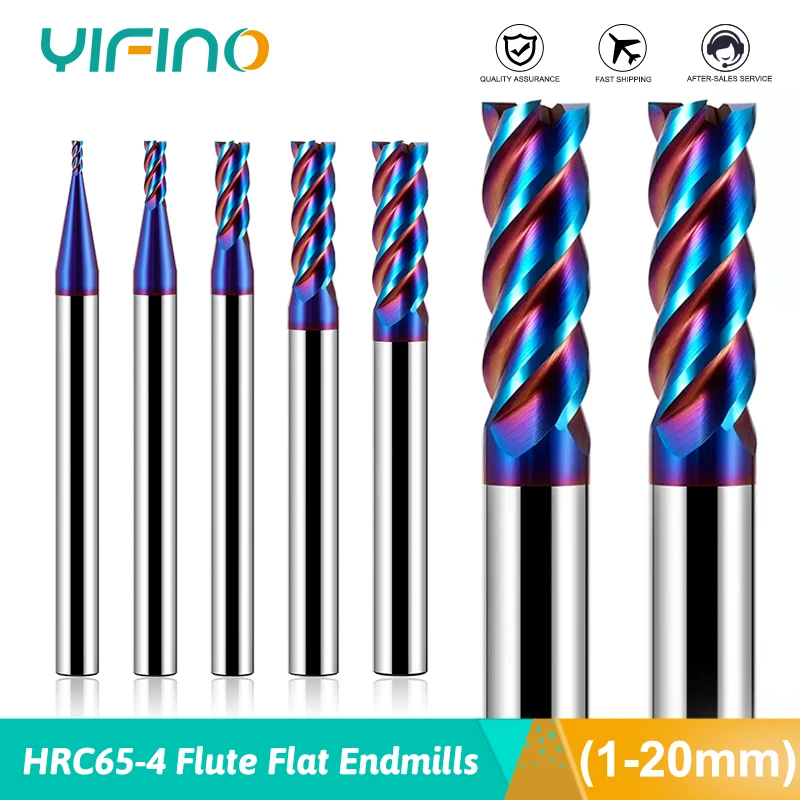 YIFINO HRC65 4F Blue Nano Coating Tungsten Steel Carbide Flat Milling Cutter CNC Machine Special Stainless Steel Endmills Tools