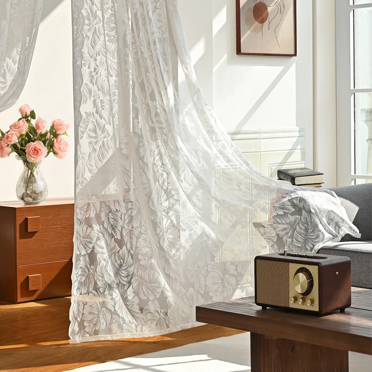 

Curtain Turtle Back Leaf Lace White Sheer Window Curtain for Living Room Postal Style Shading 2 Drapes Pure Bedroom Decoration