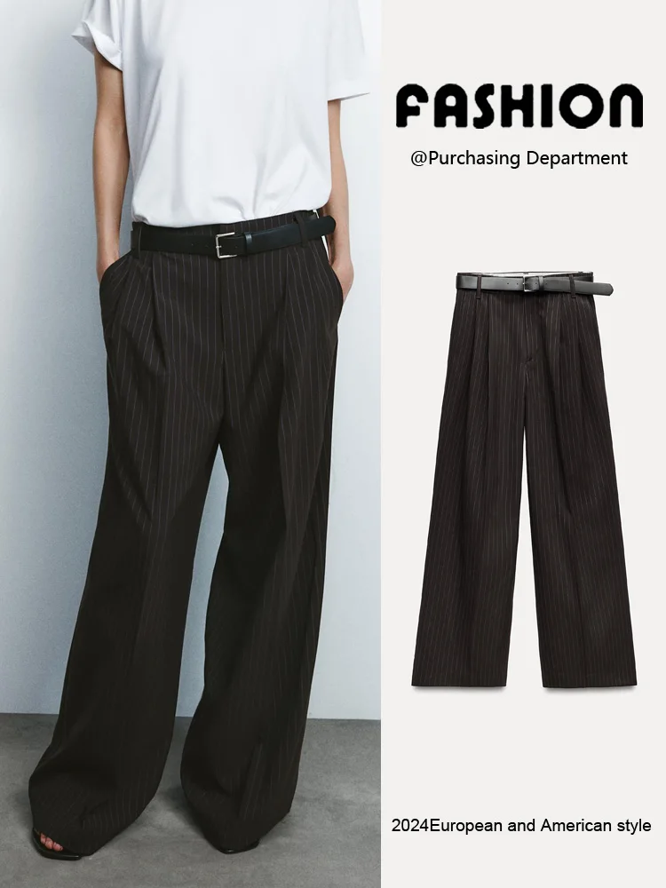 Plones de pierna recta ajustados de cintura alta para mujer, plón largo e con doble pliegue y cinturón, estilo...