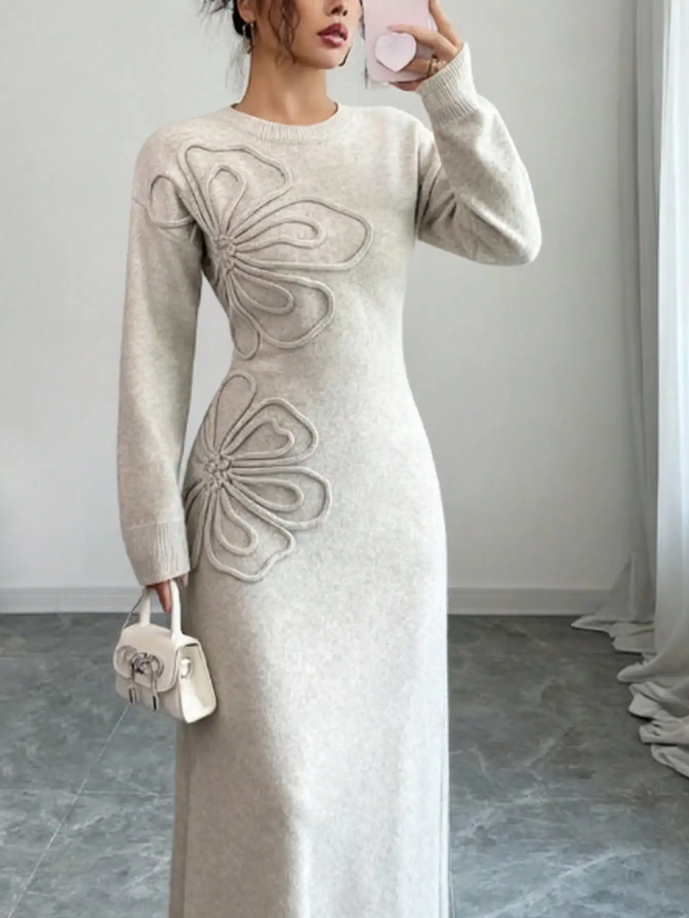 

Women's Beige Knit Long Sleeve Round Neck Dress with 3D Floral Embroidery