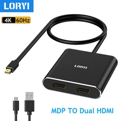 LORYI Mini Displayport To Dual HDMI Splitter Adaptor 4K 60Hz Multi-Stream Transport (MST) Hub  DP to 2X HDMI 2.0 Black Color